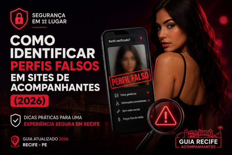 Ilustração de segurança digital mostrando um perfil suspeito em um celular, com alertas visuais e uma mulher em fundo escuro, representando cuidados para identificar perfis falsos em sites de acompanhantes.