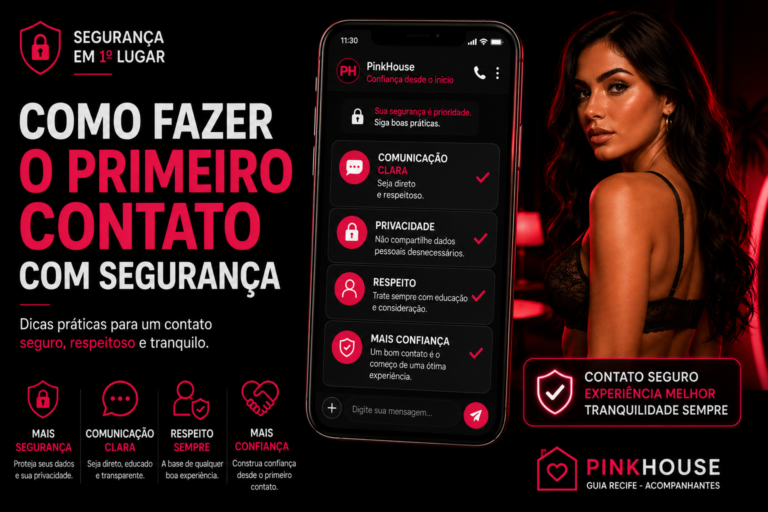 Ilustração sobre como fazer o primeiro contato com segurança, mostrando uma conversa em smartphone com dicas de comunicação, privacidade e respeito, acompanhada de uma modelo em ambiente escuro com tons em vermelho e preto.