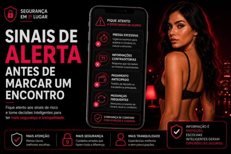 Ilustração sobre sinais de alerta antes de marcar um encontro, mostrando um smartphone com indicadores de risco e elementos visuais relacionados à segurança e à confiança em plataformas digitais.