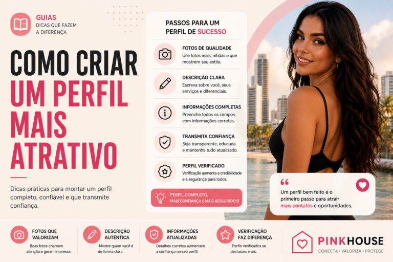 Banner em estilo clean e moderno sobre como criar um perfil mais atrativo, com tons claros em bege e rosa, checklist de boas práticas, mulher sorridente ao lado e elementos visuais que representam confiança, autenticidade e profissionalismo.