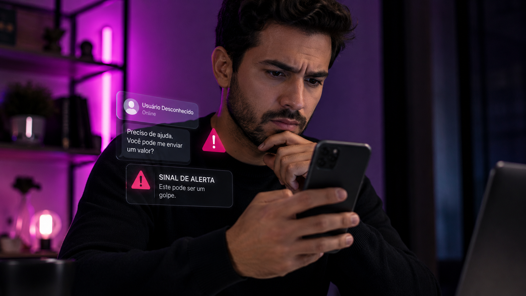 Pessoa analisando mensagens suspeitas no celular com alertas de segurança digital.
