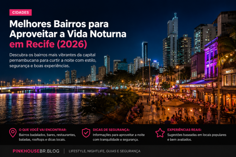 Vista noturna de Recife com bares, restaurantes e prédios iluminados.