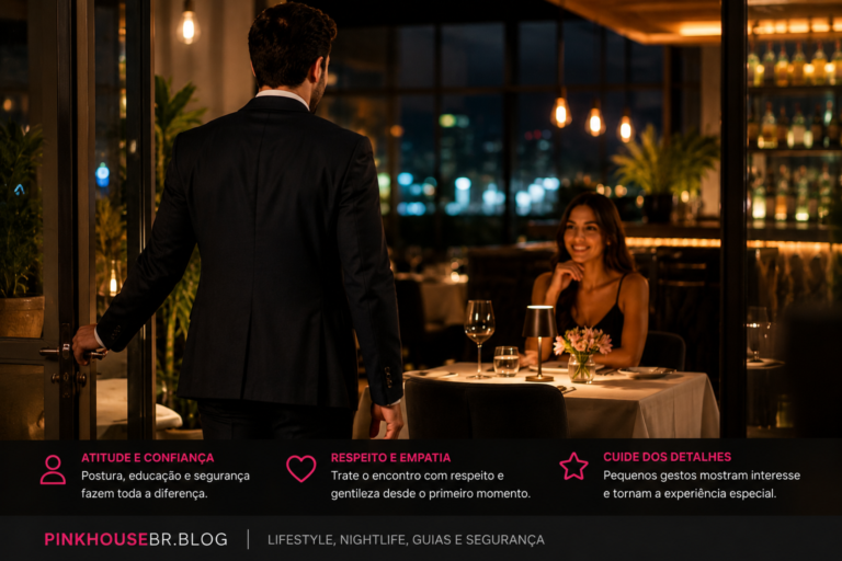 Homem elegante chegando para um encontro em restaurante sofisticado durante a noite.
