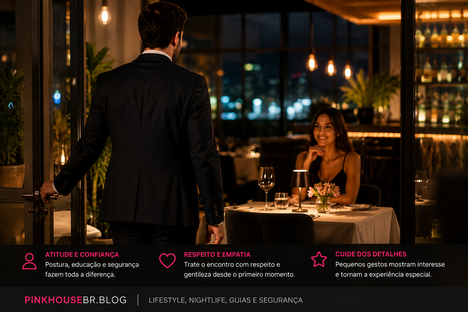 Homem elegante chegando para um encontro em restaurante sofisticado durante a noite.