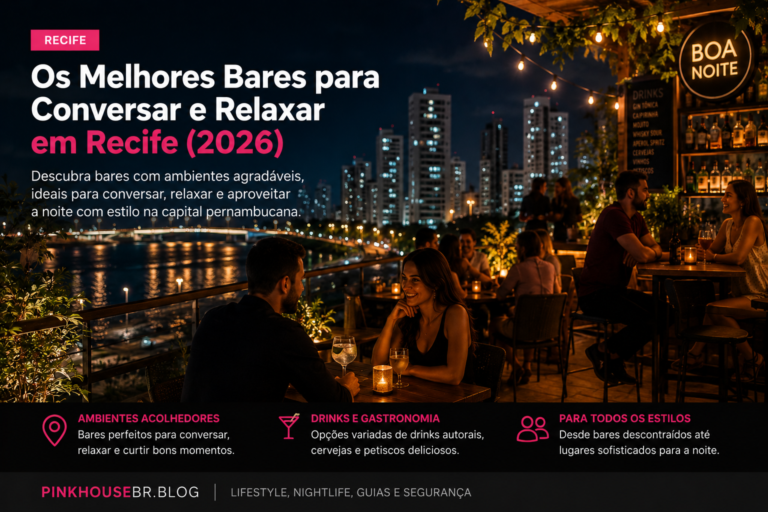 Bar rooftop em Recife durante a noite com vista da cidade, iluminação aconchegante e pessoas conversando.