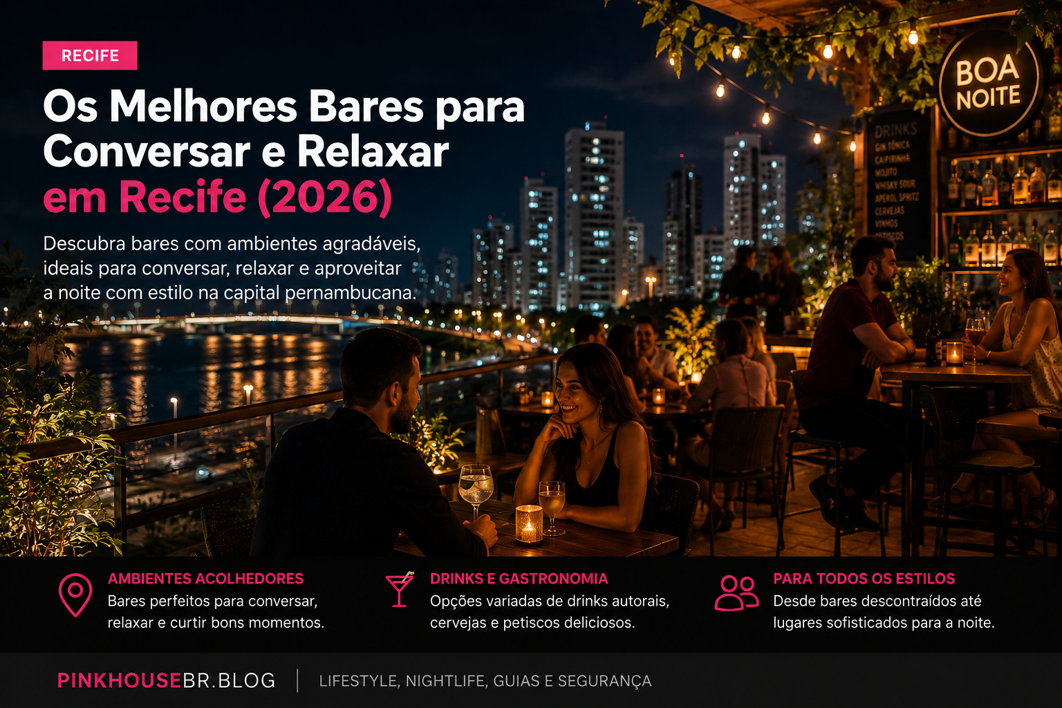 Bar rooftop em Recife durante a noite com vista da cidade, iluminação aconchegante e pessoas conversando.