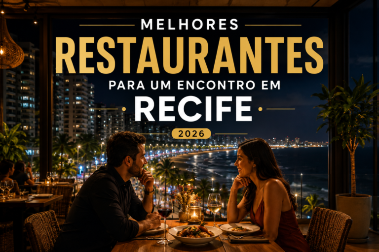Casal jantando em restaurante sofisticado com vista para a orla de Boa Viagem durante a noite em Recife.
