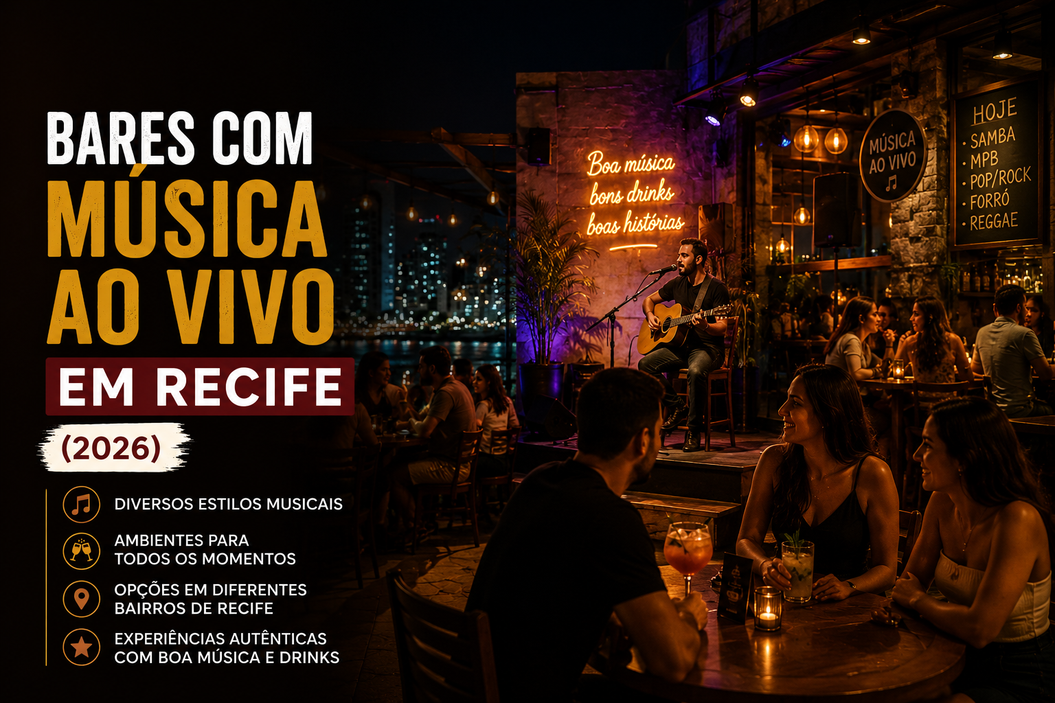 Cantor se apresentando em um bar com música ao vivo em Recife enquanto clientes aproveitam drinks e o ambiente noturno.