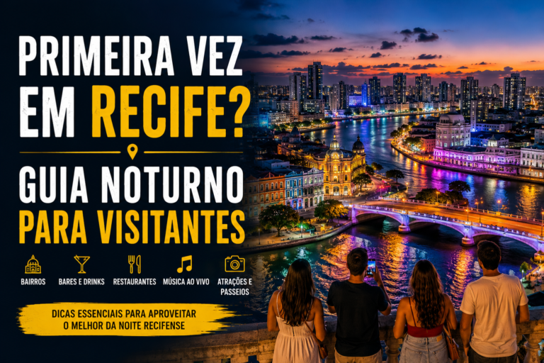 Vista panorâmica noturna de Recife com pontes iluminadas, rio, prédios históricos e turistas observando a paisagem urbana da cidade.