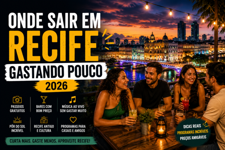 Grupo de amigos reunidos em um bar com vista para Recife ao entardecer, aproveitando drinks e a paisagem iluminada da cidade.