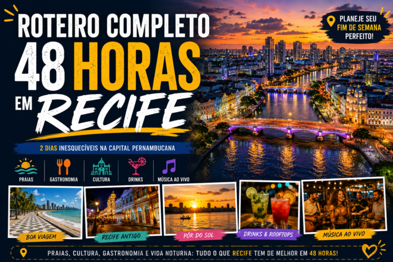 Vista panorâmica de Recife ao entardecer mostrando o Recife Antigo, rios, pontes iluminadas, prédios modernos e atrações turísticas para um roteiro de 48 horas na cidade.