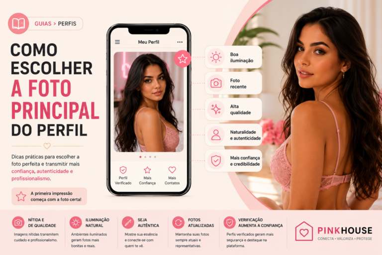 Ilustração em estilo editorial sobre como escolher a foto principal do perfil, mostrando um smartphone com foto de perfil em destaque, checklist de boas práticas como boa iluminação, foto recente, alta qualidade e autenticidade, além de uma modelo em ambiente claro com tons suaves de rosa, bege e branco.