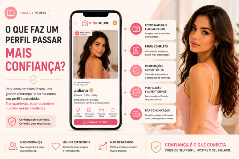Banner em estilo editorial sobre confiança em perfis digitais, mostrando um smartphone com um perfil completo e selos de credibilidade, acompanhado de uma modelo em ambiente claro com tons de rosa, bege e branco. A composição destaca elementos como fotos naturais, informações atualizadas, boa comunicação e verificação, representando transparência, profissionalismo e confiança.