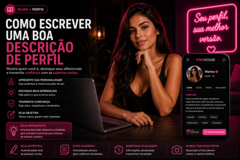 Mulher adulta sorrindo em ambiente sofisticado ao lado de um smartphone exibindo um perfil digital, com elementos visuais que representam personalidade, diferenciais, confiança e autenticidade, ilustrando como escrever uma boa descrição de perfil.