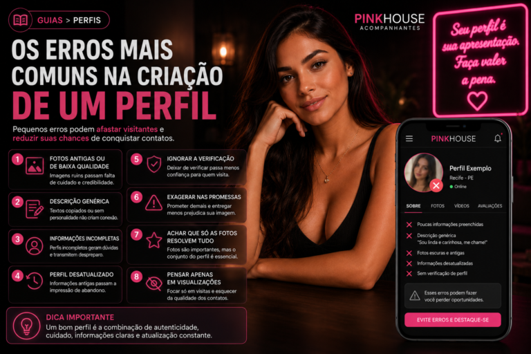 Banner editorial do cluster Guias > Perfis mostrando uma mulher adulta em ambiente sofisticado ao lado de um smartphone com um perfil digital de exemplo. A imagem destaca os principais erros na criação de um perfil, como fotos antigas, descrição genérica, informações incompletas, falta de verificação e perfil desatualizado, reforçando boas práticas para aumentar a confiança e a qualidade da apresentação.