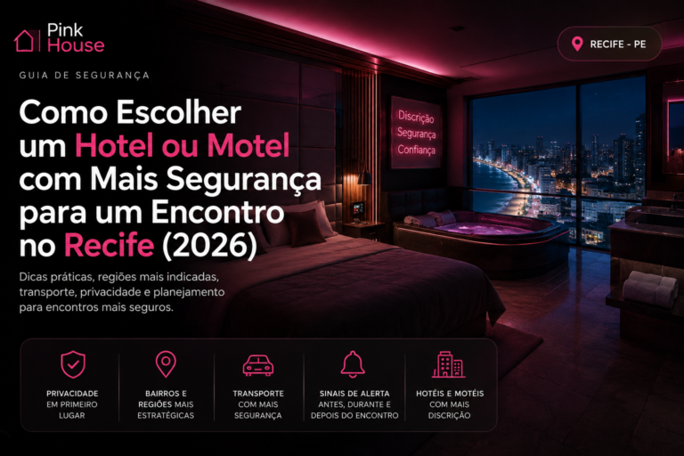 Banner do Guia de Segurança mostrando um quarto de hotel moderno em Recife à noite, com iluminação em tons de rosa, cama, jacuzzi e vista urbana, destacando privacidade, transporte, sinais de alerta e escolha segura de hotéis e motéis para encontros.