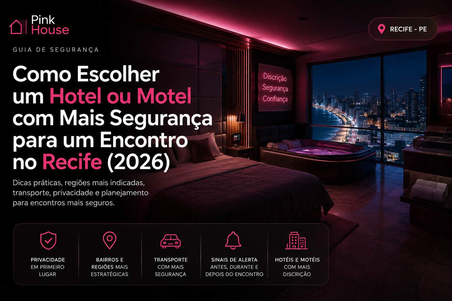 Banner do Guia de Segurança mostrando um quarto de hotel moderno em Recife à noite, com iluminação em tons de rosa, cama, jacuzzi e vista urbana, destacando privacidade, transporte, sinais de alerta e escolha segura de hotéis e motéis para encontros.
